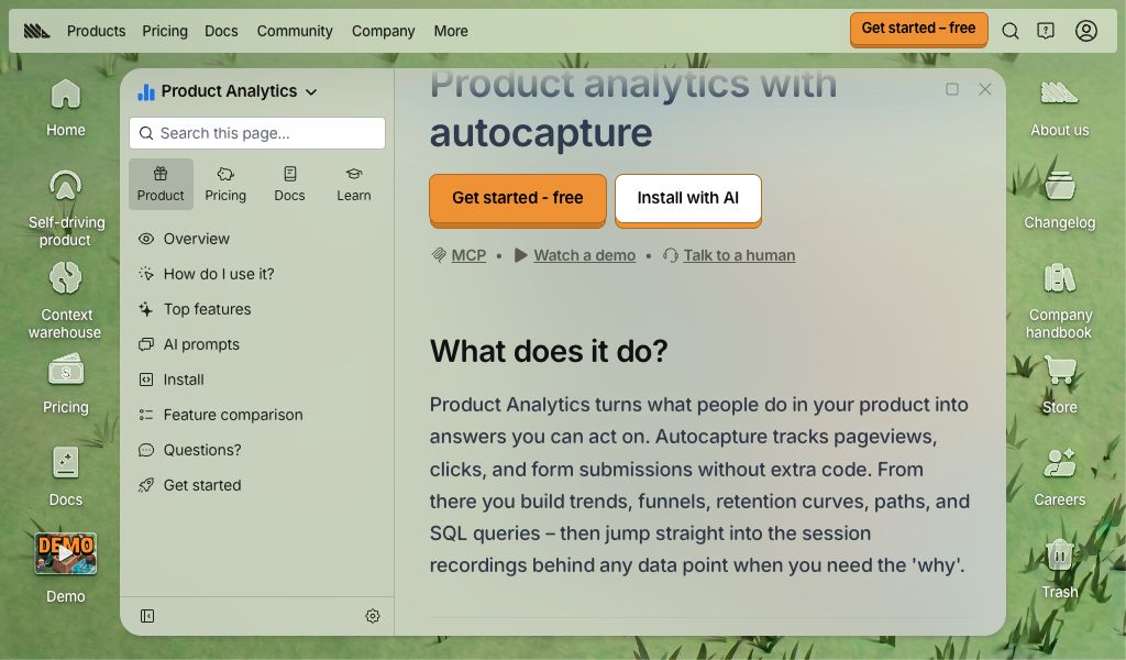 Captured PostHog product page with navigation, product title and What does it do description